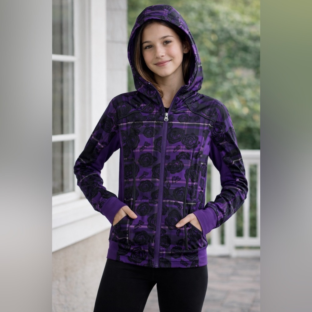Ivivva Trail Runner Jacket Girls 12 (Fits XS) Purple Black Floral Lululemon Zip